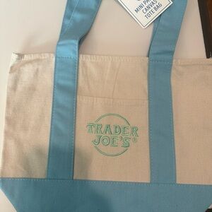 NWT Trader Joe's Canvas Tote in Natural with Light Blue Trim